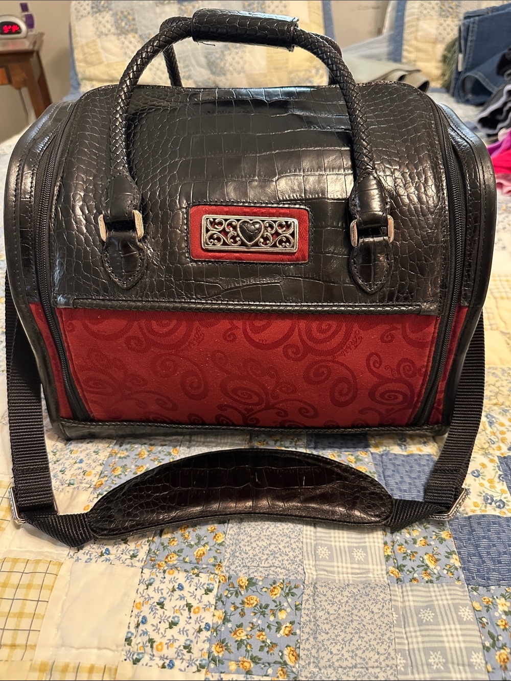 Brighton Ruby Red Train Case carry on bag  big size Vtg black embossed leather